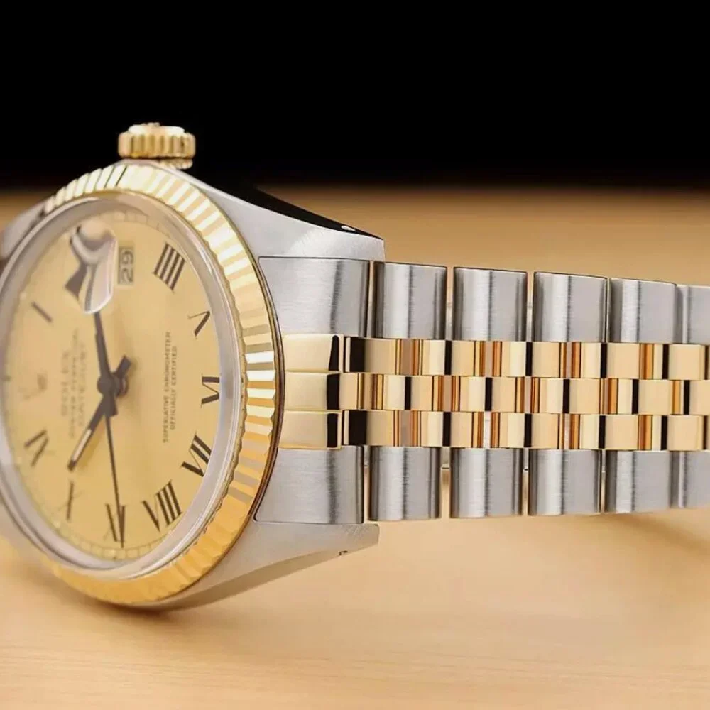 Rolex Men's Champagne 18k Gold Black Roman Watch